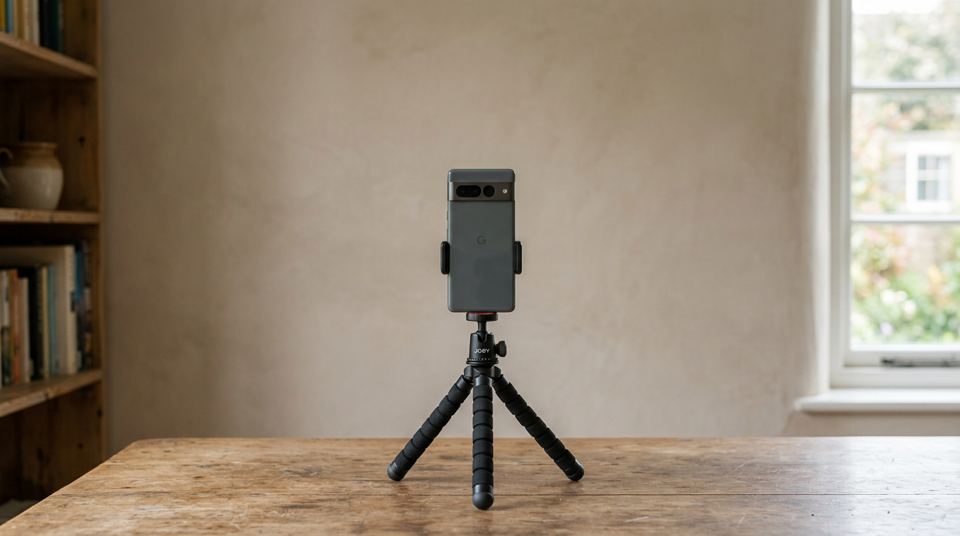 A smartphone mounted on a tripod facing a plain wall, set up for capturing a passport photo at a distance to prevent facial distortion.