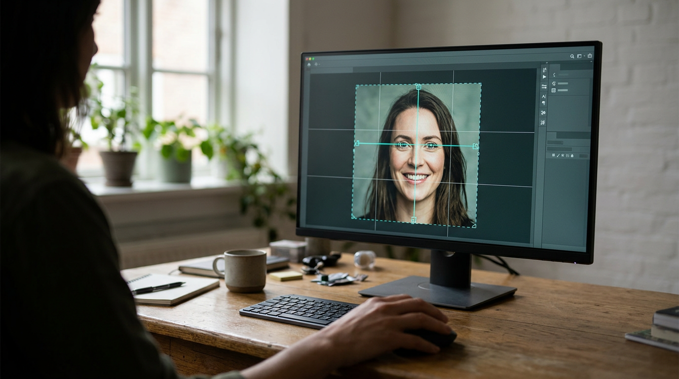 A close-up view of software automatically aligning a portrait photo to meet official biometric guidelines on a computer screen.
