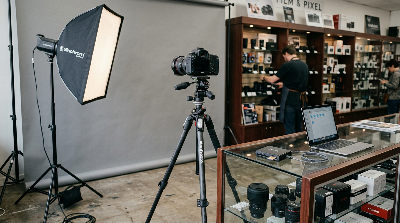 A professional photography station in a camera shop with studio lighting, a tripod, and a digital camera setup.
