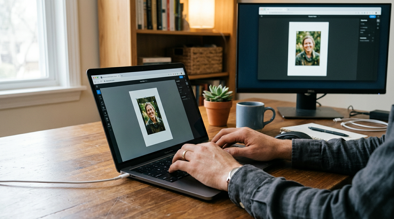 A person manually adjusting a digital crop frame on a computer monitor to fit a portrait into a passport photo template.
