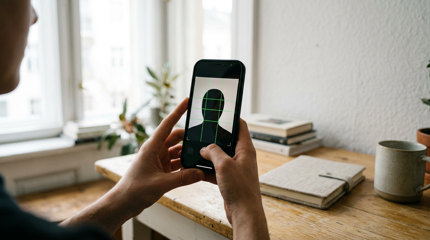 A close-up of a person using a mobile app on a smartphone to capture a compliant passport portrait.