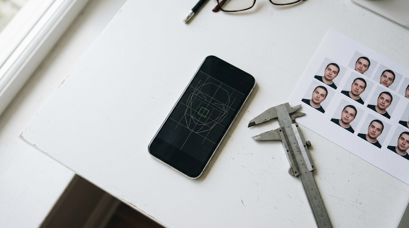 A smartphone showing biometric facial alignment guidelines next to a printed passport photo template and a set of calipers.