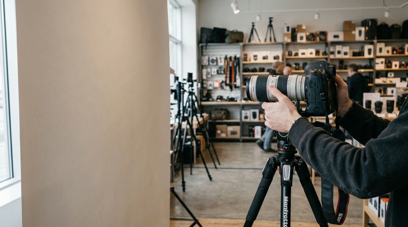 A professional camera on a tripod set up for a portrait session in a photography store.