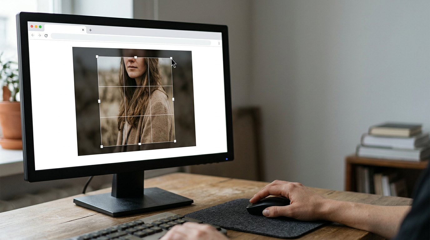 A computer screen showing a simple web-based grid tool used to crop a portrait photo to specific dimensions.