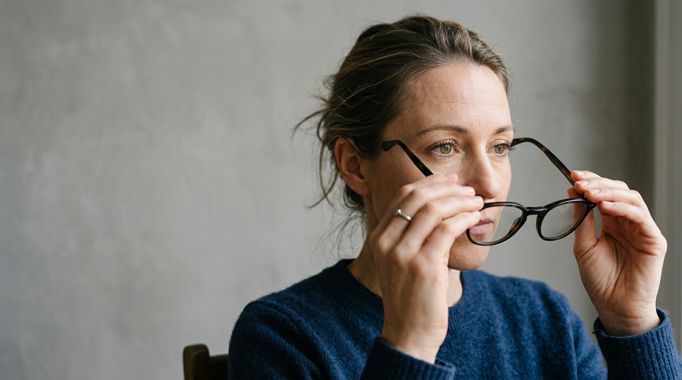 Hands removing glasses from a person's face to reveal clear facial features.