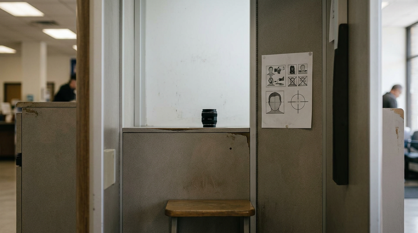 A white passport photo booth station inside a post office with a focus on the camera hardware and alignment markings.