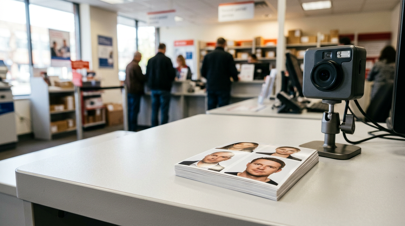 A stack of freshly printed passport photos sits on a counter next to a professional photography setup.