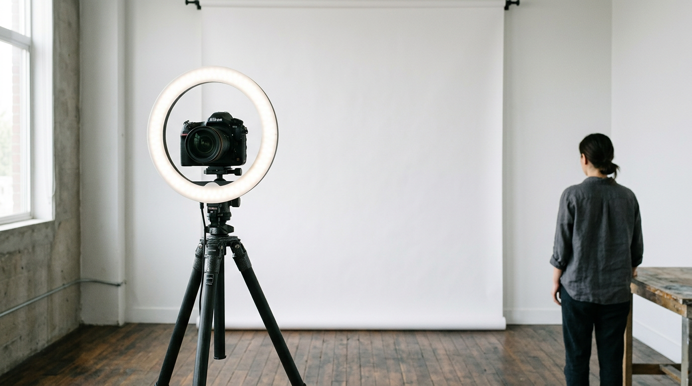 A professional camera and lighting equipment set up for document photography in a minimalist studio.