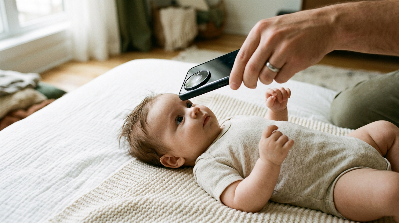 A smartphone camera held directly above an infant's face to align with biometric portrait requirements.