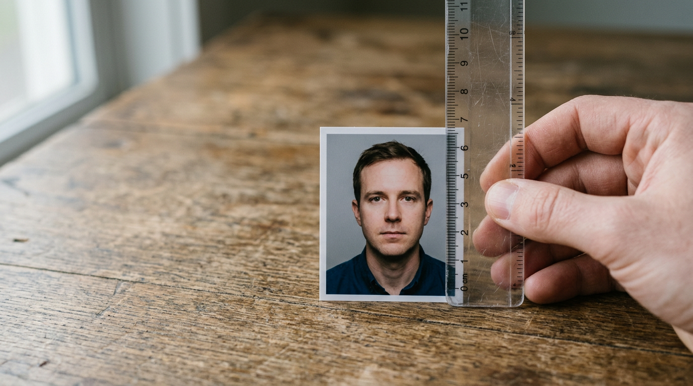A ruler measuring the height of a head in a printed passport-style photograph.