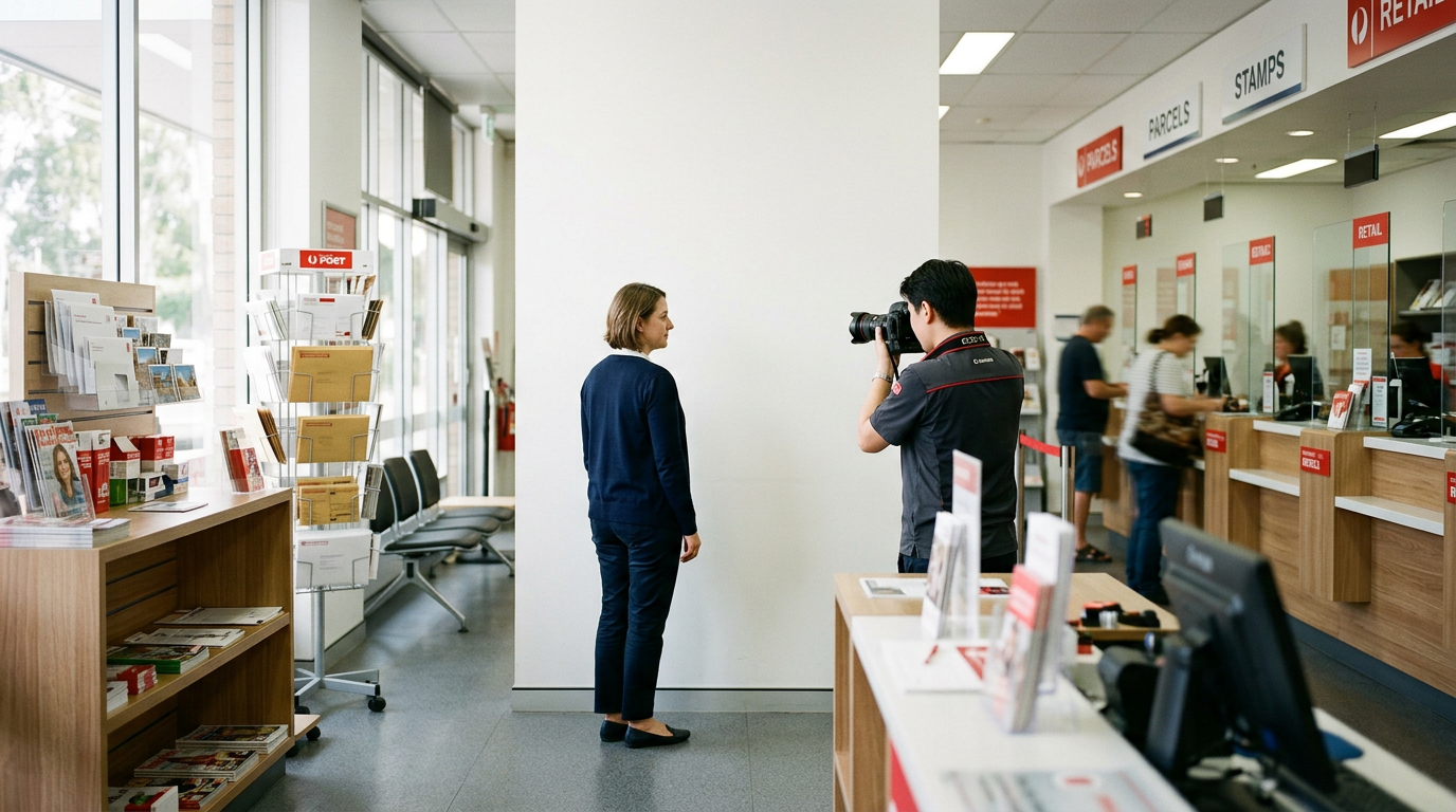 A postal worker takes a passport photograph of a customer against a plain white wall.
