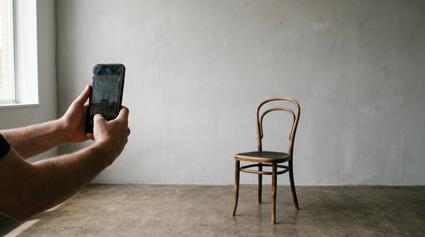A close-up view of a smartphone being held up to frame a subject for a passport photo.