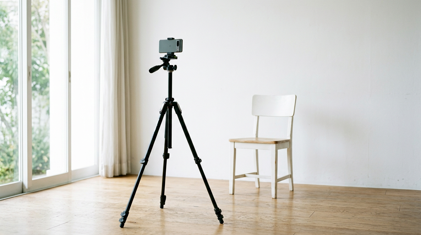 A smartphone on a tripod aimed at an empty chair against a blank white wall with natural light.