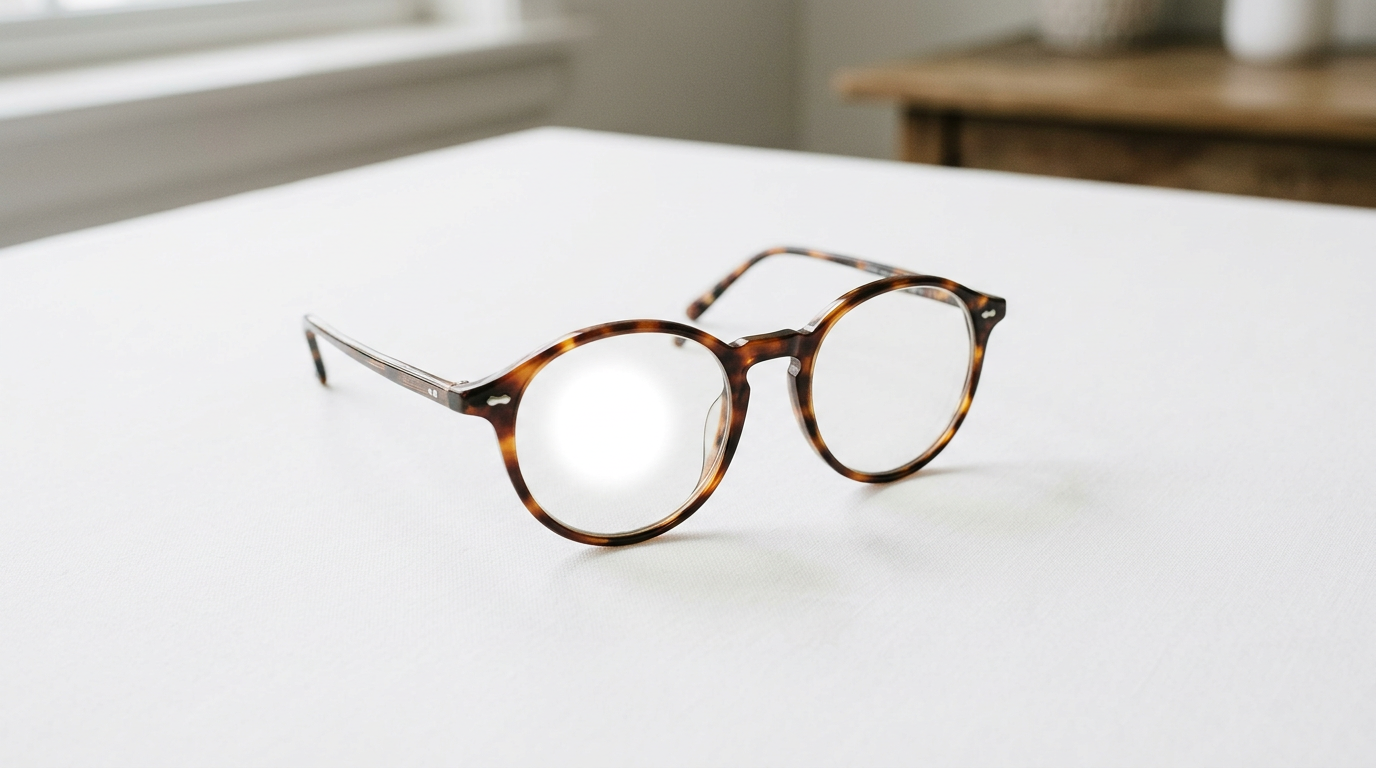 A pair of glasses with a bright, circular light reflection obscuring one of the lenses.