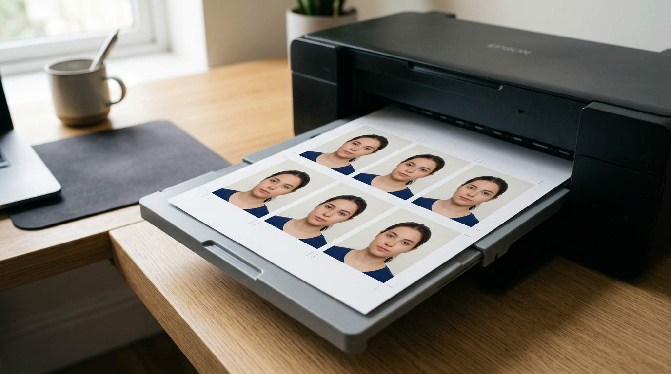 A printed sheet of passport photos is resting in a home printer tray.
