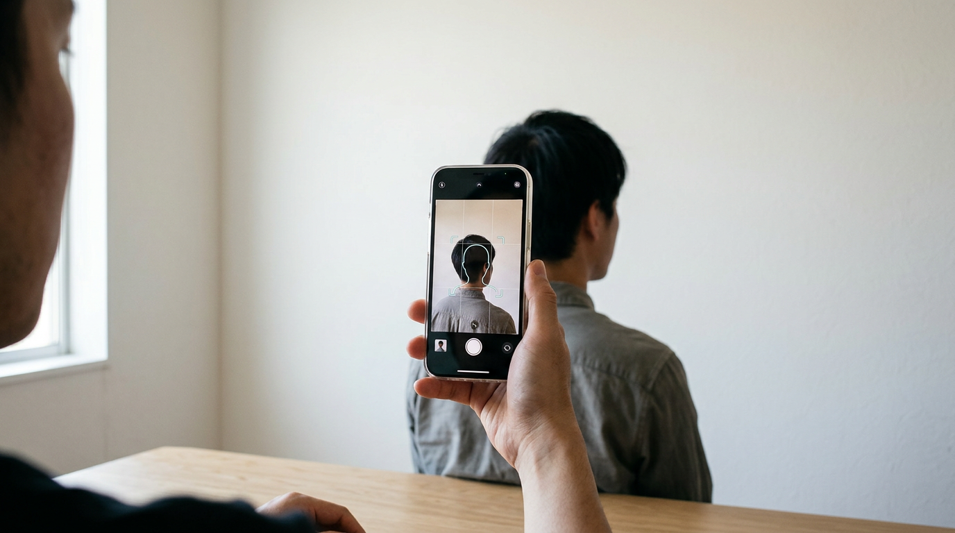 A close-up view of a smartphone screen showing a passport photo capture app overlaying alignment guides on a user's face.
