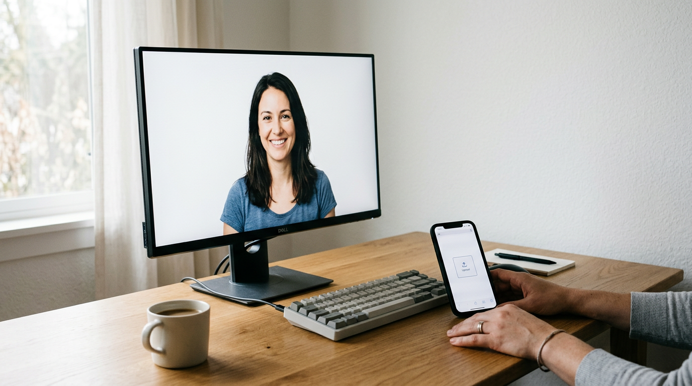 A computer monitor and a smartphone showing a web-based photo formatting utility on a clean desk.