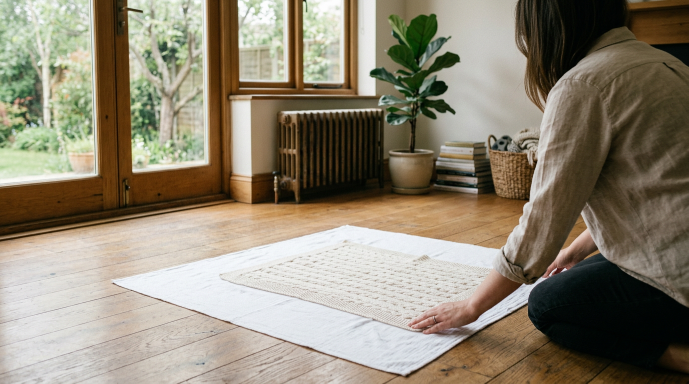 A smooth, neutral-colored baby blanket laid flat on a clean white surface in a brightly lit room.