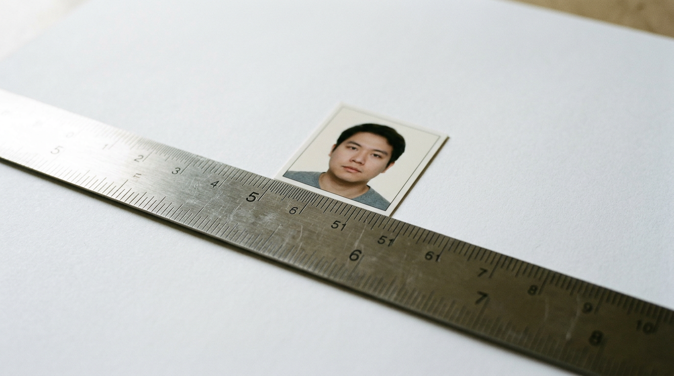A close-up of a square 51x51 mm passport photo being measured by a metal ruler.