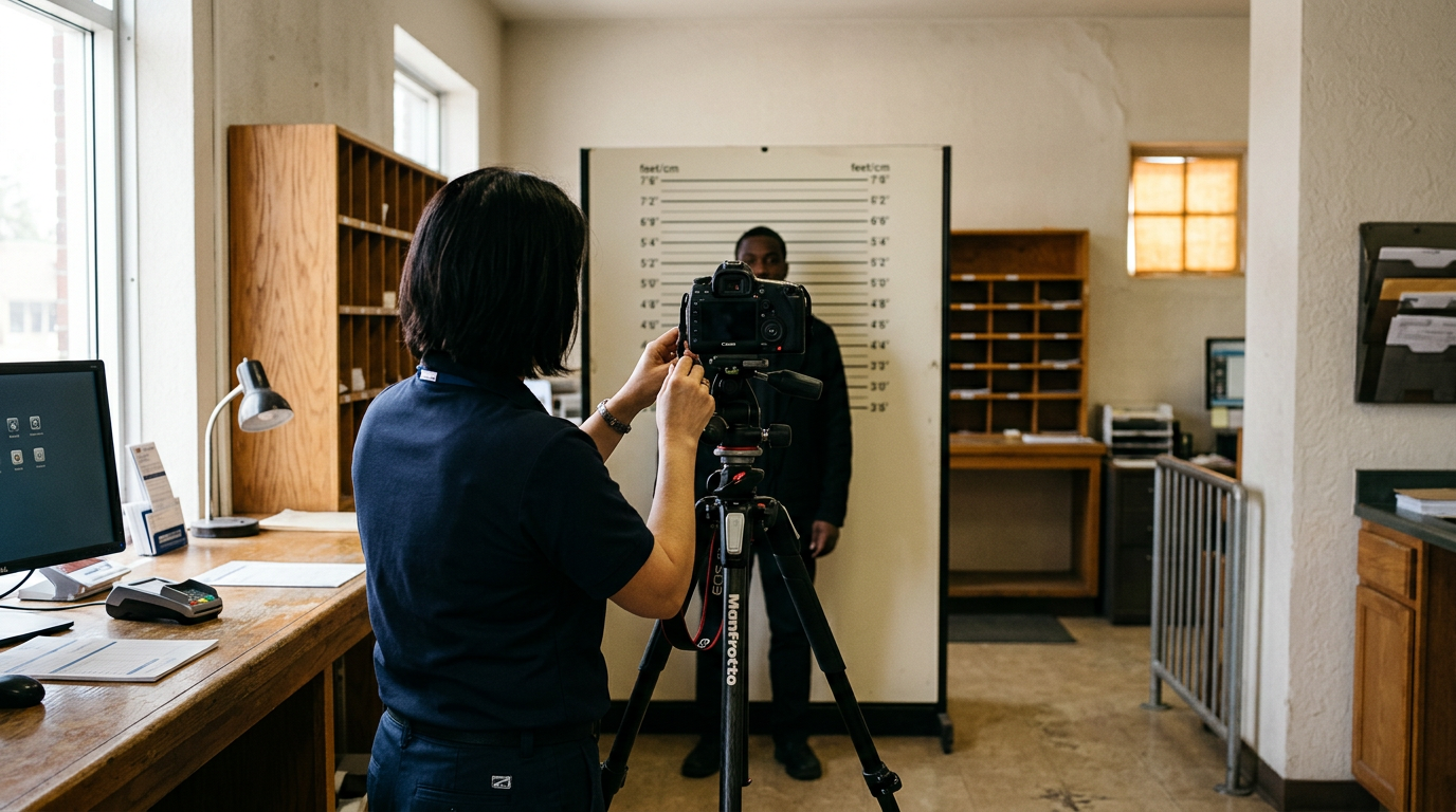 A person standing against a blank white backdrop in a post office while a camera on a tripod captures their passport photo.