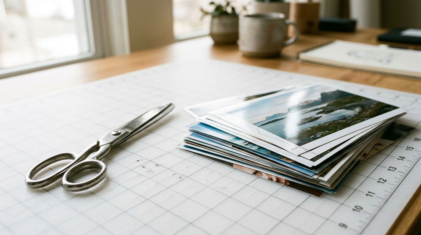 Scissors and a stack of printed photos with a trim line visible on a white cutting mat.