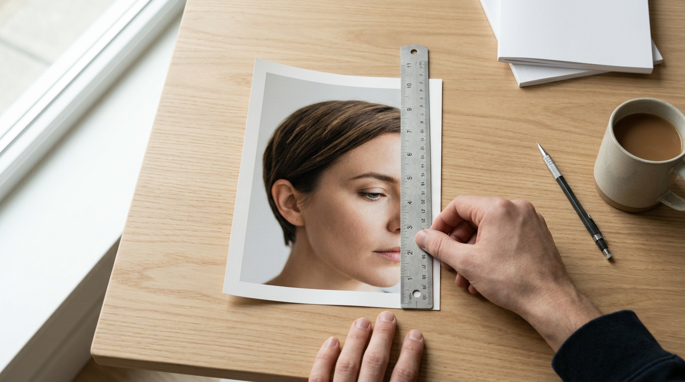 A ruler measuring the distance from the chin to the top of the hair on a passport-style photograph.