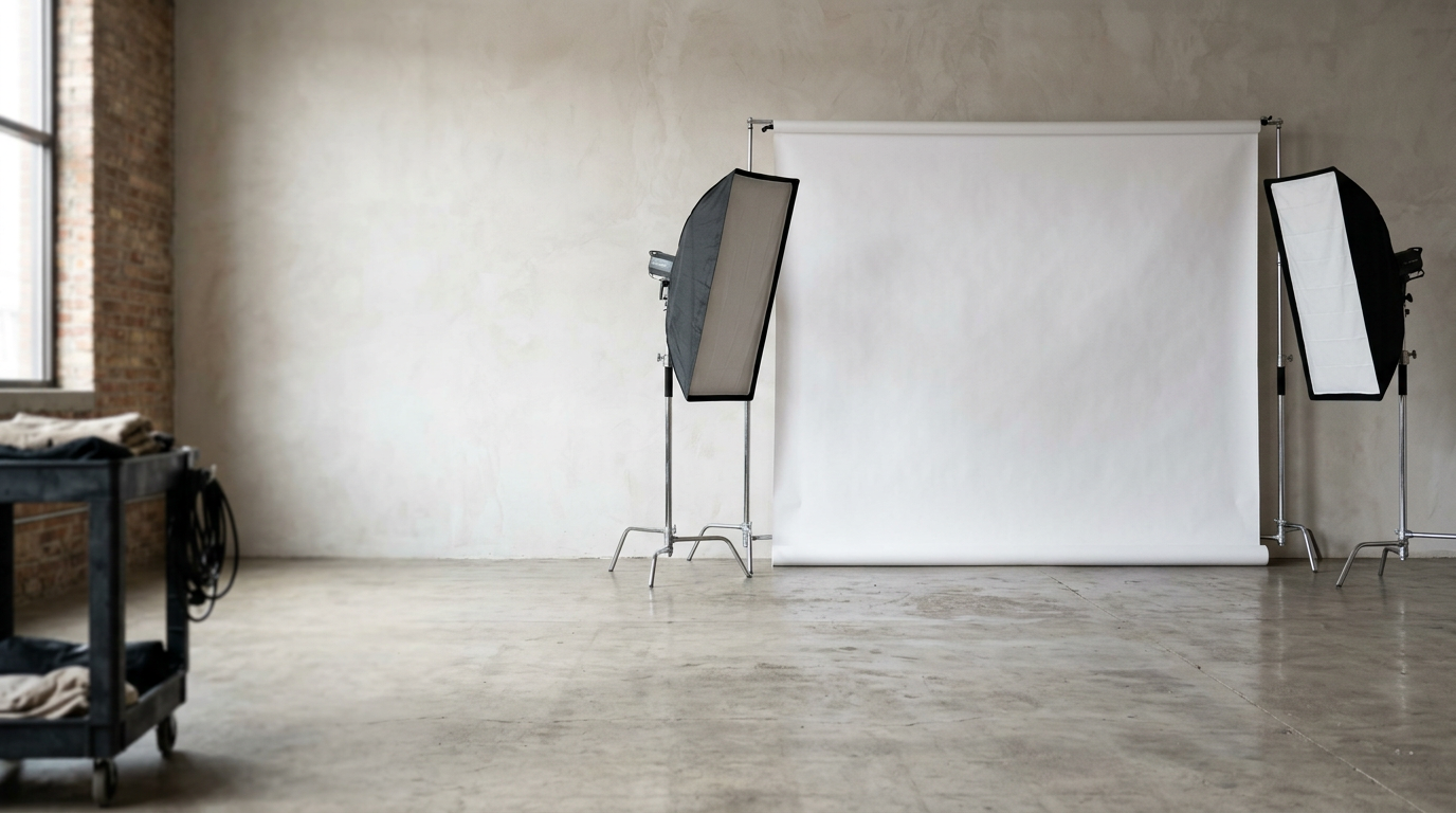 A minimalist white photography backdrop with balanced softbox lighting positioned for a portrait.
